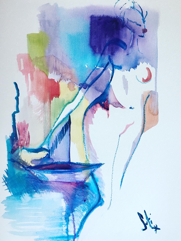 Love Soul Boat aquarelle et technique mixte 45,5X61 cm