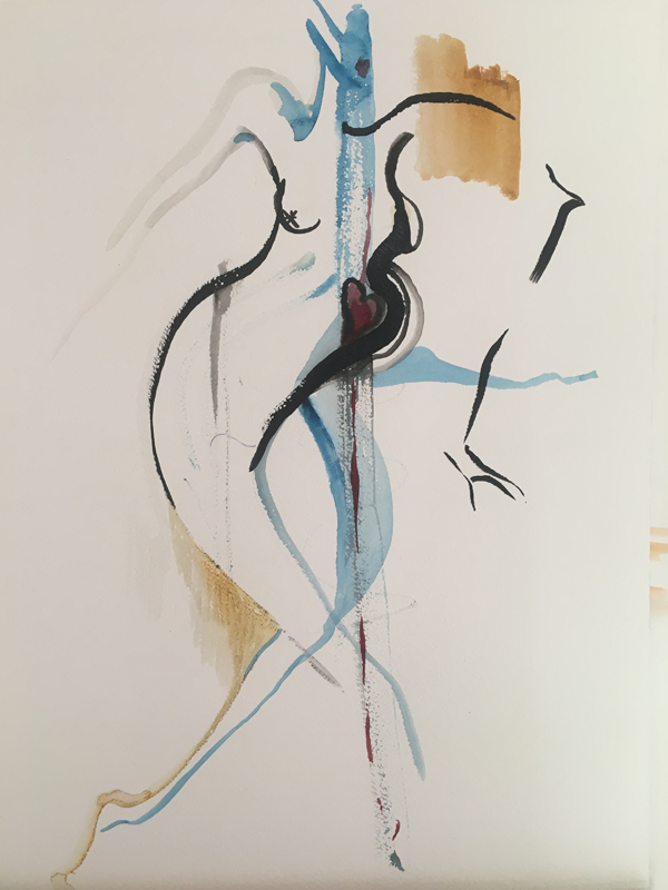 Mon coeur est dans mon ventre Aquarelle et encre de Chine sur papier 46X51 cm
